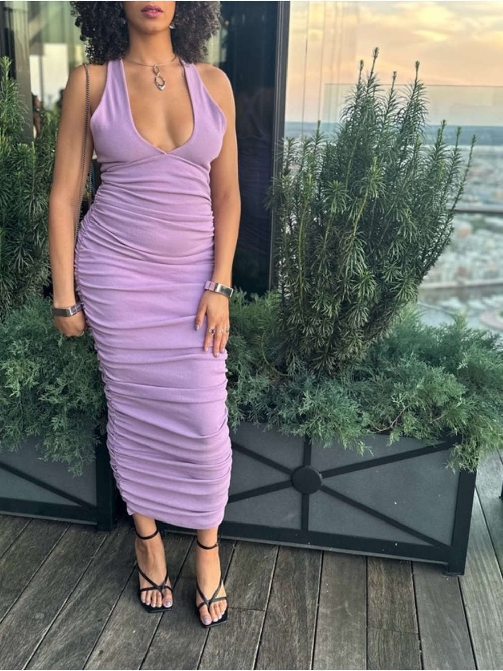 AKIRA Lavender Ruched V-Neck Midi Dress
